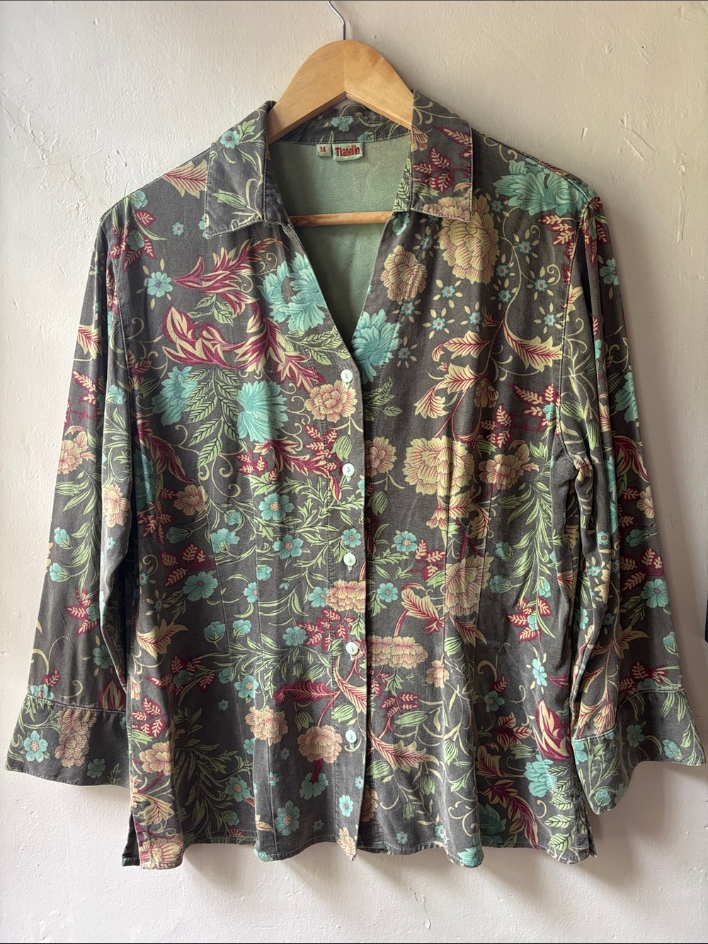 Tianello Floral Button Down Shirt M Green Boho Art Botanical Made in USA